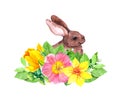 Sweet Easter bunny in flowers. Floral watercolor - cute rabbit, hare animal in bouquet