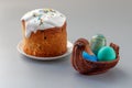 Easter cake and colorful Easter eggs in wicker basket Royalty Free Stock Photo