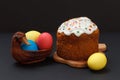 Easter cake and colorful Easter eggs in wicker basket Royalty Free Stock Photo