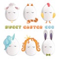 Sweet easter egg characters. Funny Easter eggs chick rabbit cat and others. Happy easter set