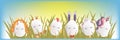 Sweet easter egg characters in the grass with sky. Funny Easter eggs chick rabbit cat and others. Happy easter vector Royalty Free Stock Photo