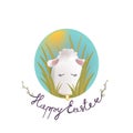 Sweet easter egg lamb in the grass and oval sky. Happy easter lettering phrase. Vector gift card Royalty Free Stock Photo