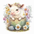 Sweet Easter Greetings with Baby Cow and Beautiful Watercolor Blooms AI Generated
