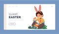 Sweet Easter Landing Page Template. Little Boy Donning Rabbit Ears Picks Brightly Colored Easter Eggs From The Grass