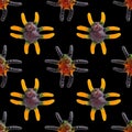 Sweet edible marmalade spiders isolated on black background. Photographic collage, seamless pattern. Happy Halloween concept