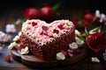 Sweet elegance, heart shaped cake with flowers on a wooden tabletop