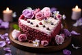 Sweet elegance, heart shaped cake with flowers on a wooden tabletop