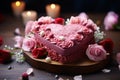 Sweet elegance, heart shaped cake with flowers on a wooden tabletop