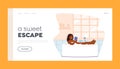 Sweet Escape Landing Page Template. Young Woman Relaxing in Bathtub Reading Book. Happy Female Character Hygiene