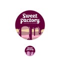 Sweet factory logo. Pastry emblem. Cake with chocolate and letters in a circle.