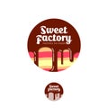 Sweet factory logo. Pastry emblem. Cake with chocolate and letters in a circle.