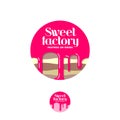 Sweet factory logo. Pastry emblem. Cake with syrup and letters in a circle.