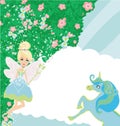 sweet fairy with magic wand and cute unicorn - beautiful floral frame