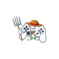 Sweet Farmer white joystick cartoon mascot with hat and tools