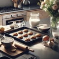 Cookie preparation on a kitchen work surface, with ingredients