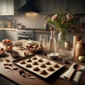 Cookie preparation on a kitchen work surface, with ingredients