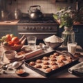 Cookie preparation on a kitchen work surface, with ingredients