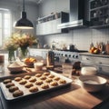 Cookie preparation on a kitchen work surface, with ingredients