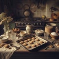 Cookie preparation on a kitchen work surface, with ingredients