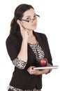 Sweet female teacher holding red apple