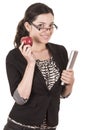 Sweet female teacher holding red apple