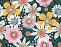 Sweet Floral seamless groovy pattern in retro style. Vintage moodd ,Hand drawn pastel blossom Vector illustration