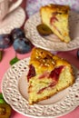 Sweet fluffy cake with fresh plums and hazelnuts Royalty Free Stock Photo