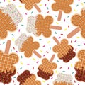 Sweet food bear shape and dessert food, vector seamless pattern of golden brown homemade corn dog waffle