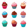 Sweet food chocolate creamy cupcake set isolated vector illustration Royalty Free Stock Photo