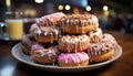 Sweet food with chocolate and gourmet snack, donut, refreshment, table, baked, unhealthy eating, candy, sugar generated Royalty Free Stock Photo