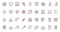 Sweet food collection with kitchen equipment, bakery, confectionery red black thin line icons set