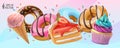 Sweet food 3d realistic vector icon set. Strawberry cake, donuts with colored icing, cupcake with whipped cream and ice cream Royalty Free Stock Photo