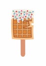 Sweet food and dessert food, vector illustration of golden brown homemade corn dog waffle on a stick. Letter E