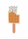 Sweet food and dessert food, vector illustration of golden brown homemade corn dog waffle on a stick. Letter L.