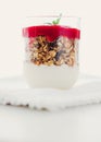 Homemade granola parfait with strawberry jam and mint, yogurt and muesli for healthy breakfast in the morning Royalty Free Stock Photo