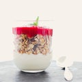 Homemade granola parfait with strawberry jam and mint, yogurt and muesli for healthy breakfast in the morning Royalty Free Stock Photo