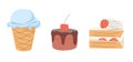 Sweet food. Doodle vector icon set. Cake, ice cream, panna cotta, bubble tea, donut, cup of coffee, chocolate, candy