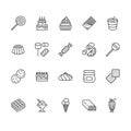 Sweet food flat line icons set. Pastry vector illustrations lollipop, chocolate bar, milkshake, cookie, birthday cake