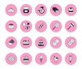 Sweet food flat line icons set. Pastry vector illustrations lollipop, chocolate bar, milkshake, cookie, birthday cake