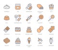 Sweet food flat line icons set. Pastry vector illustrations - lollipop, chocolate bar, milkshake, cookie, birthday cake Royalty Free Stock Photo