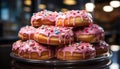 Sweet food, gourmet, chocolate donut, multi colored icing generated by AI Royalty Free Stock Photo