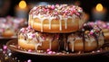 Sweet food, gourmet chocolate donut, sugar icing, refreshing candy celebration generated by AI