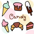 Sweet food icons. croissant, piece of cake, cupcake, ice cream, Popsicle on colored soft pastel background. Royalty Free Stock Photo