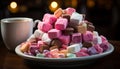 Sweet food, marshmallow, multi colored, gourmet, candy, snack, sugar, chocolate generated by AI Royalty Free Stock Photo