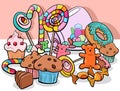 Sweet food objects group cartoon illustration