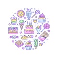 Sweet food round poster with flat line icons. Pastry vector illustrations - lollipop, chocolate bar, milkshake, ice Royalty Free Stock Photo