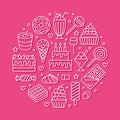 Sweet food round poster with flat line icons. Pastry vector illustrations - lollipop, chocolate bar, milkshake, ice Royalty Free Stock Photo