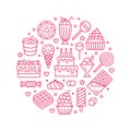 Sweet food round poster with flat line icons. Pastry vector illustrations lollipop, chocolate bar, milkshake, ice cream Royalty Free Stock Photo