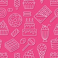 Sweet food seamless pattern with flat line icons. Pastry vector illustrations - lollipop, chocolate bar, milkshake Royalty Free Stock Photo