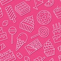 Sweet food seamless pattern with flat line icons. Pastry vector illustrations - lollipop, chocolate bar, milkshake